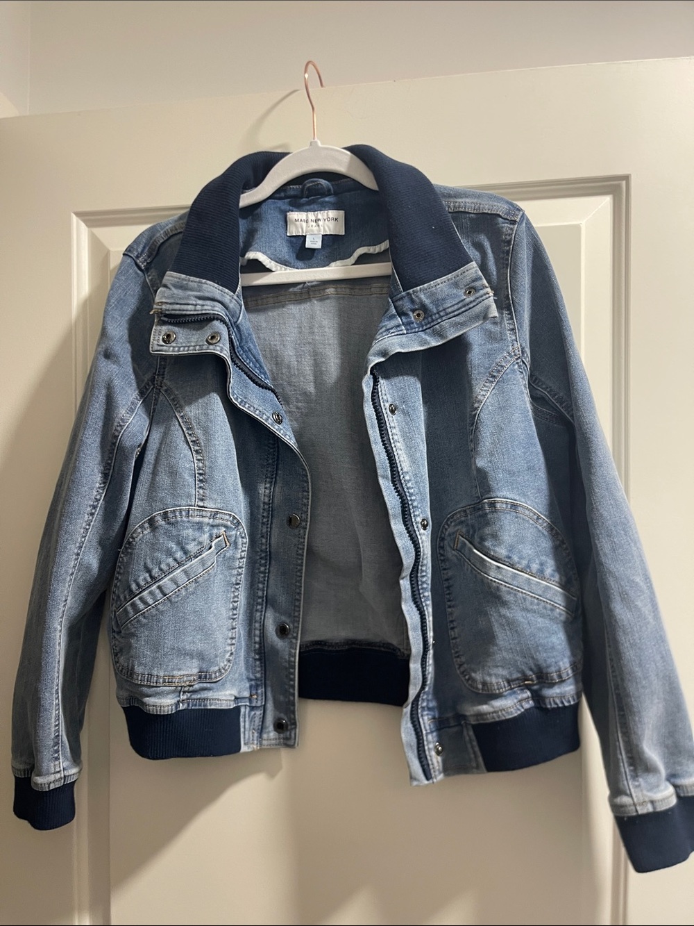 Marc New York Light Blue Denim Bomber Jacket with Navy Trim